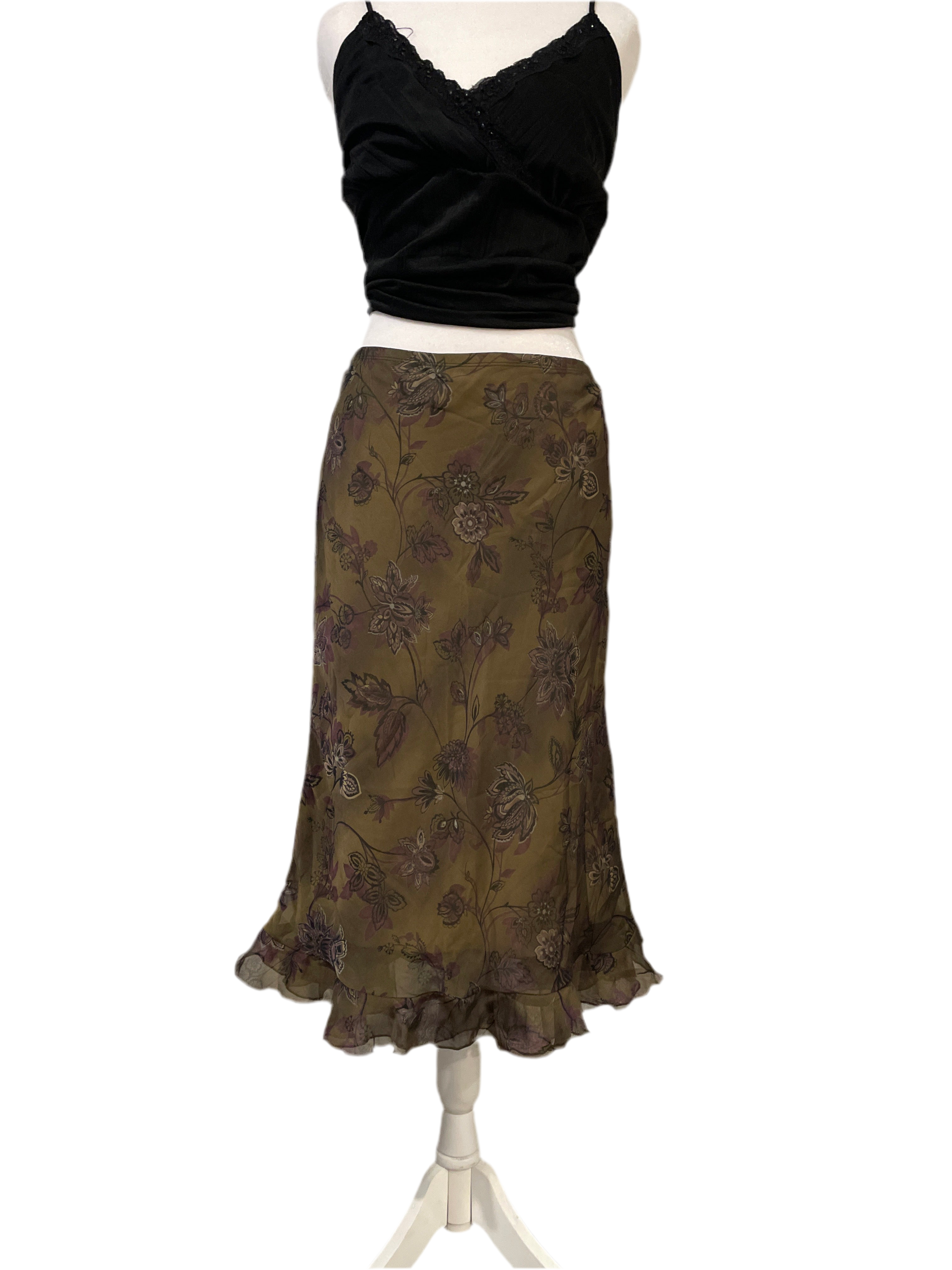 90s Green Floral Midi Skirt